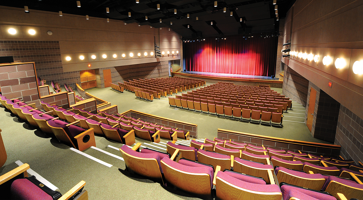 Image of the Lucianco Theater stage and seating from the audience perspective