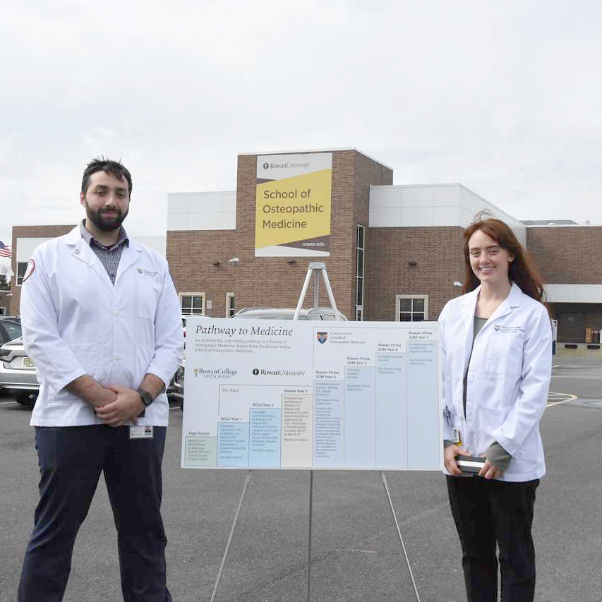 Benjamin Infosino and Sally Rohan, stand in front of Rowan-Virtua SOM’s Sewell medical school facility, where they are both seco