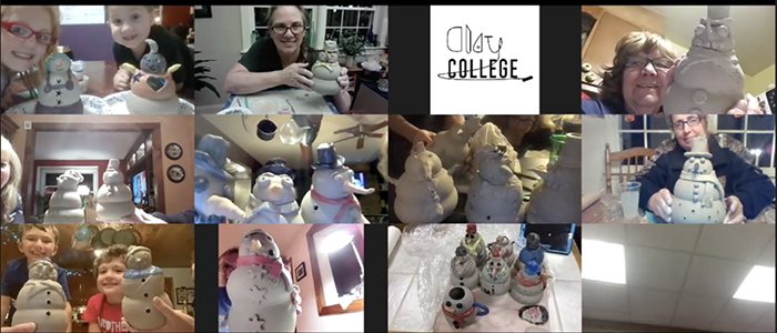 Instructor on a Zoom call demonstrating how to make a pottery snowman