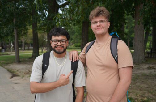 Freshman friends Raul H. and Zachary C. were happy to run into each other on the RCSJ–Cumberland campus during the first week of the semester.